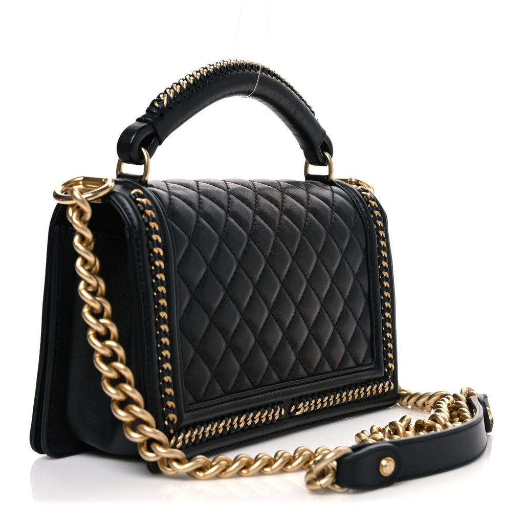 Calfskin Quilted Medium Boy Top Handle Flap Black