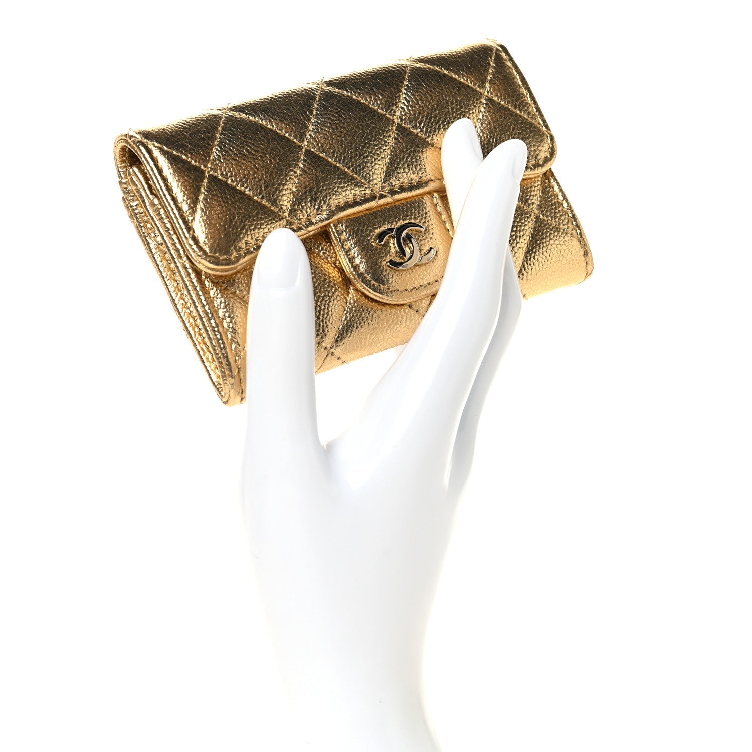 Metallic Caviar Quilted Flap Card Holder Wallet Gold