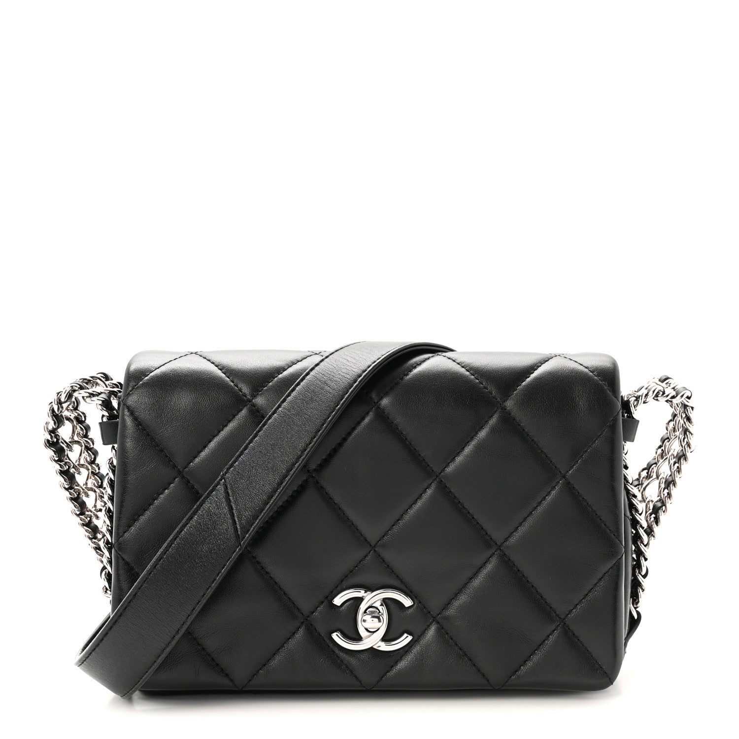 Lambskin Quilted Small Chain Rows Flap Black