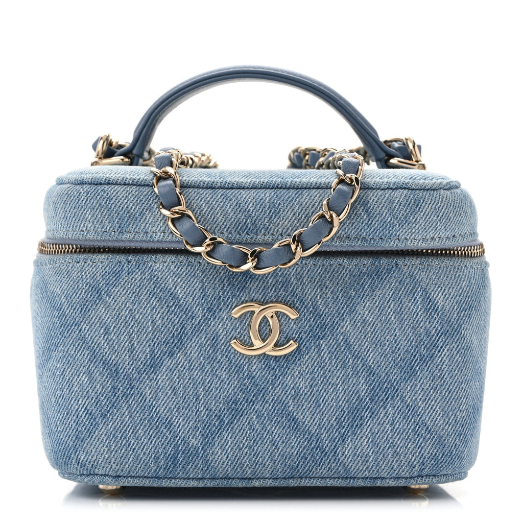 Denim Quilted Small CC Vanity Case Blue