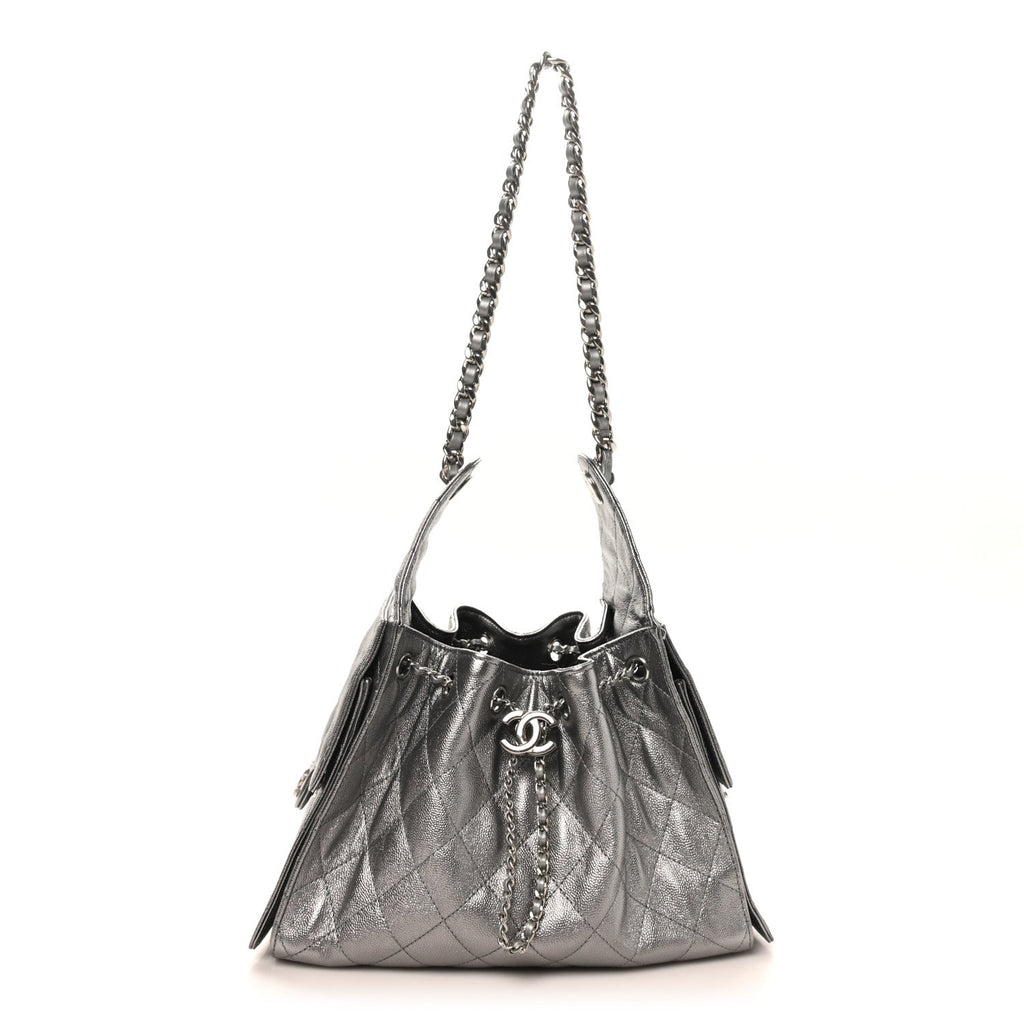 Metallic Caviar Quilted Small Chanel 25 Handbag Silver