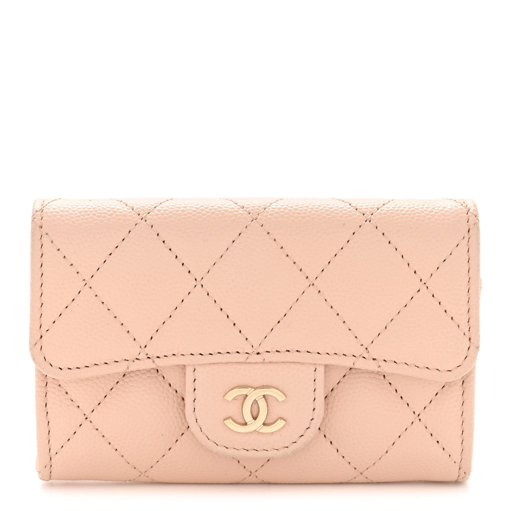 Caviar Quilted Flap Card Holder Wallet Light Beige