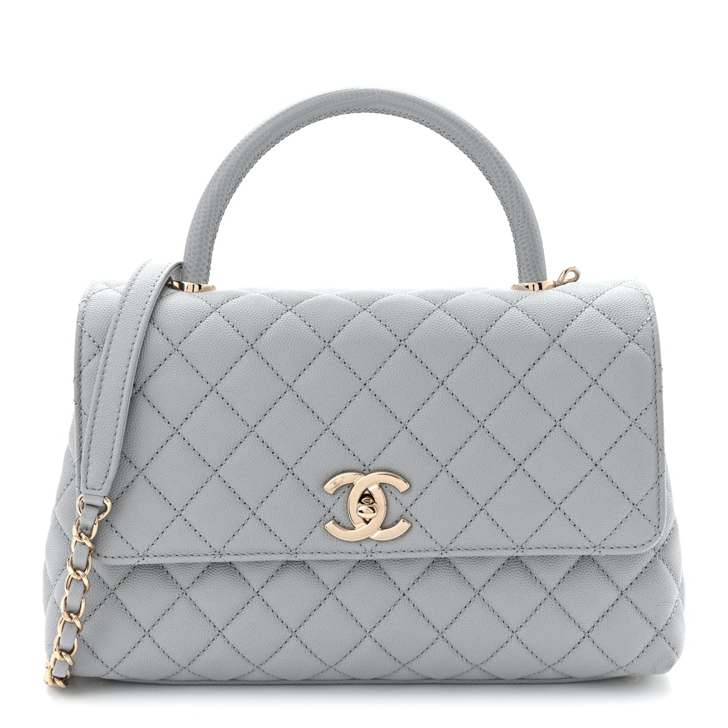Caviar Lizard Embossed Quilted Small Coco Handle Flap Light Grey