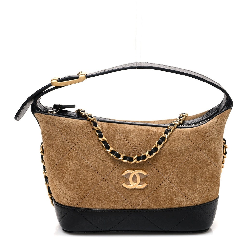 Suede Calfskin Shiny Lambskin Quilted Coco Base Hobo Clutch With Chain Beige Black