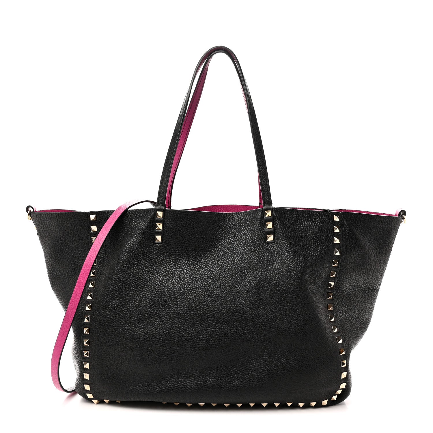 Grained Calfskin Medium Rockstud Reversible Tote Black Rose Violet