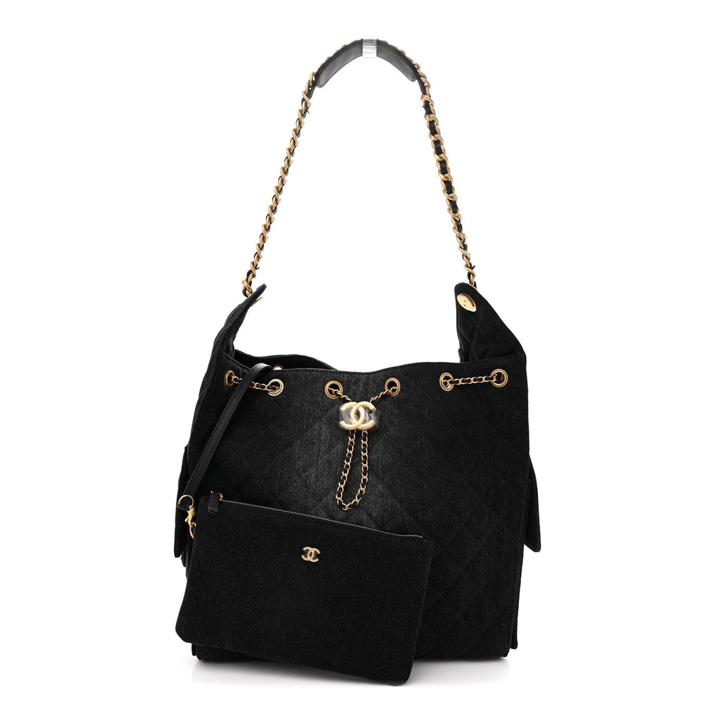 Washed Denim Quilted Medium Chanel 25 Handbag Black