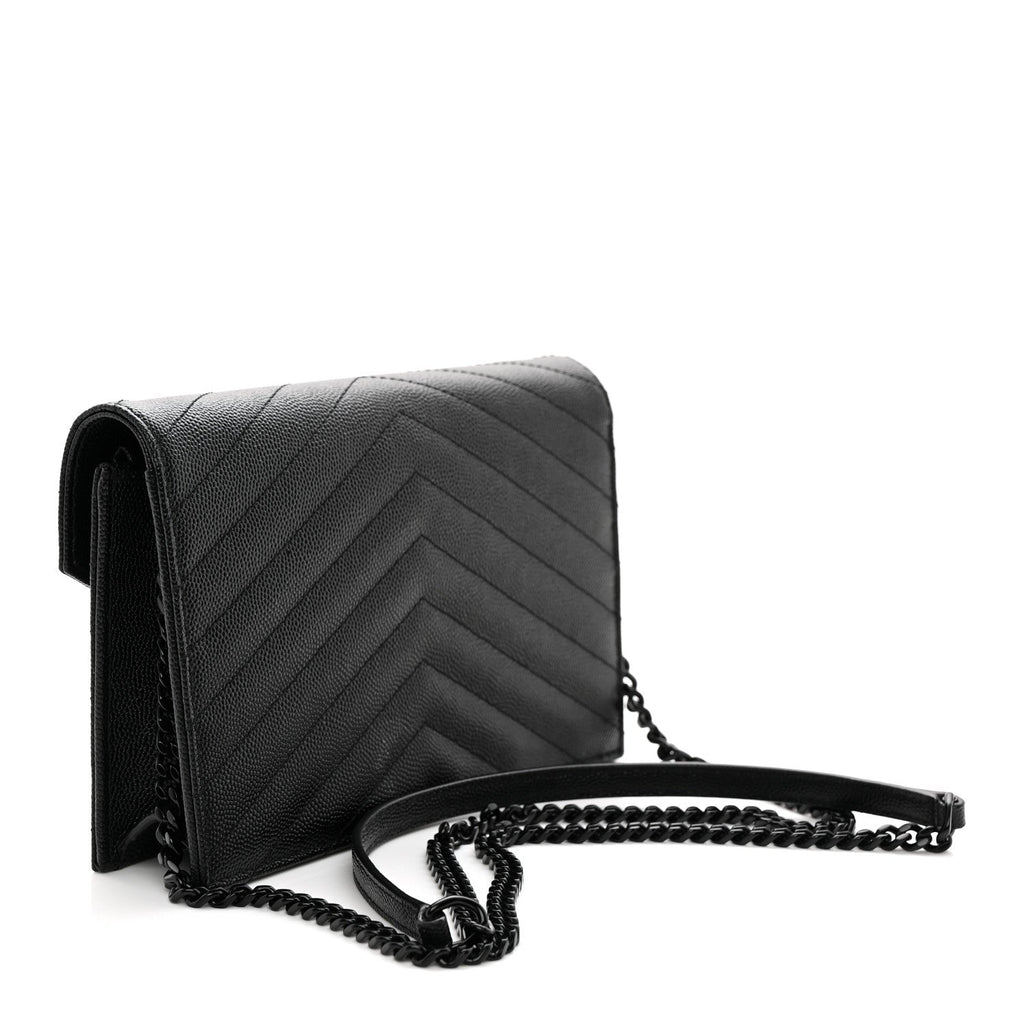Grain De Poudre Matelasse Chevron Monogram Monochrome Envelope Chain Wallet Black