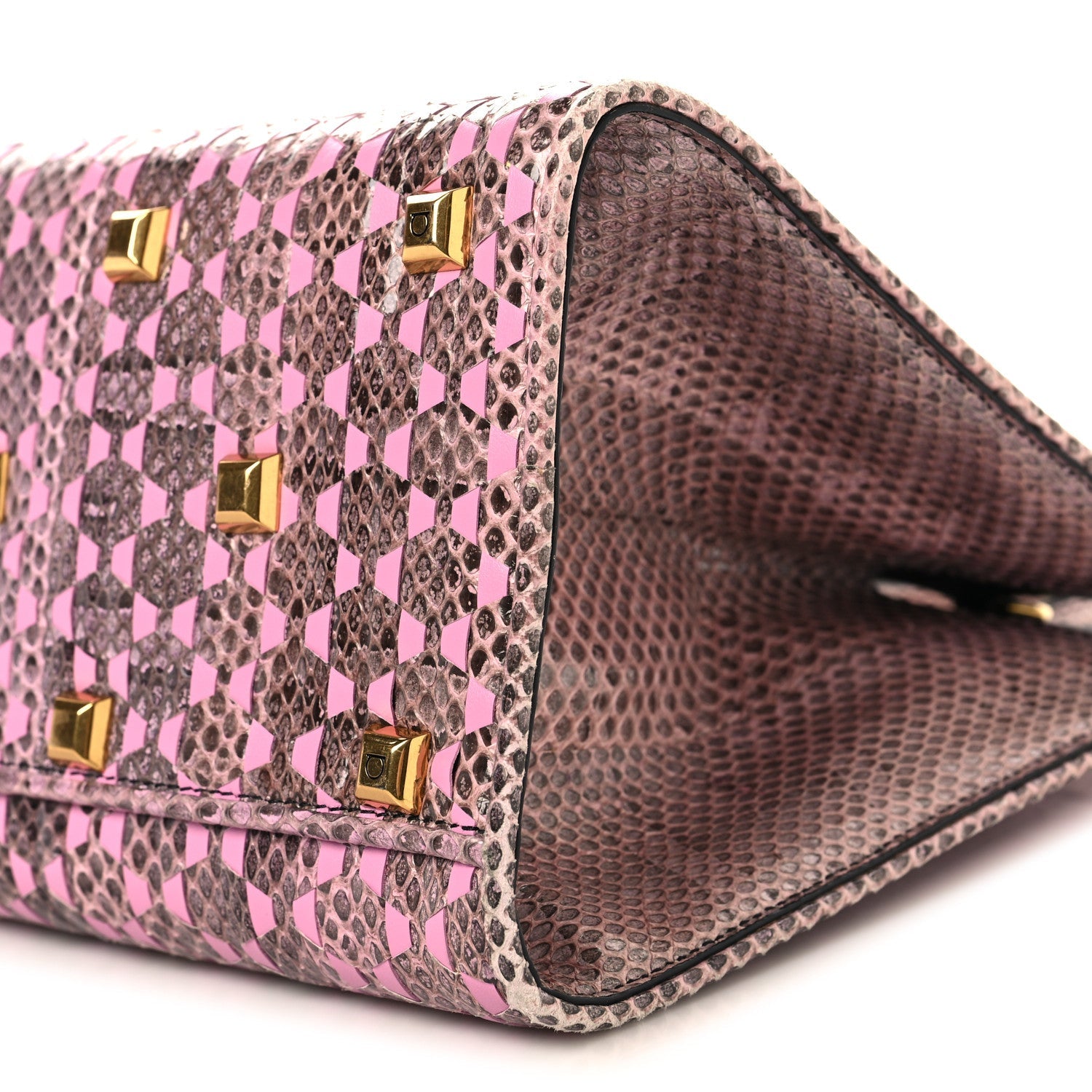 Calfskin Snakeskin Woven The Studio Box Tote Pink Brown