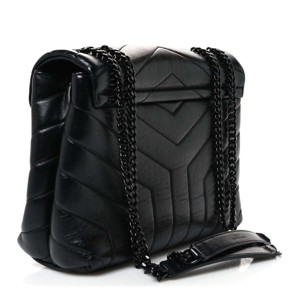Calfskin Y Quilted Monogram Monochrome Small Loulou Chain Satchel Black