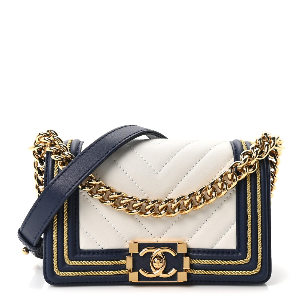 Calfskin Chevron Quilted Braided Small Boy Flap White Navy