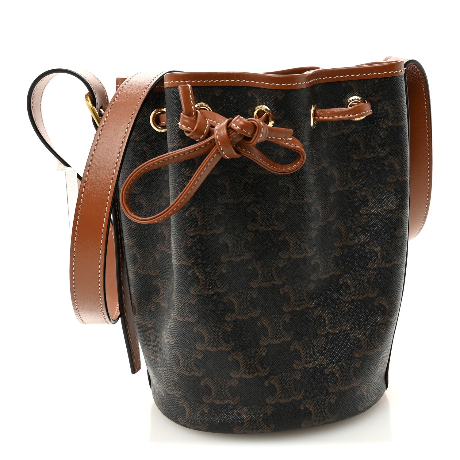 Triomphe Canvas Calfskin Small Drawstring Bucket Bag Tan
