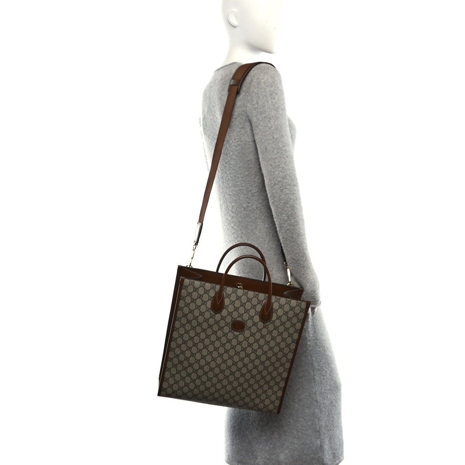 GG Supreme Monogram Textured Dollar Calfskin Medium Retro Interlocking G Vertical Tote Bag Beige Ebony Brown Sugar