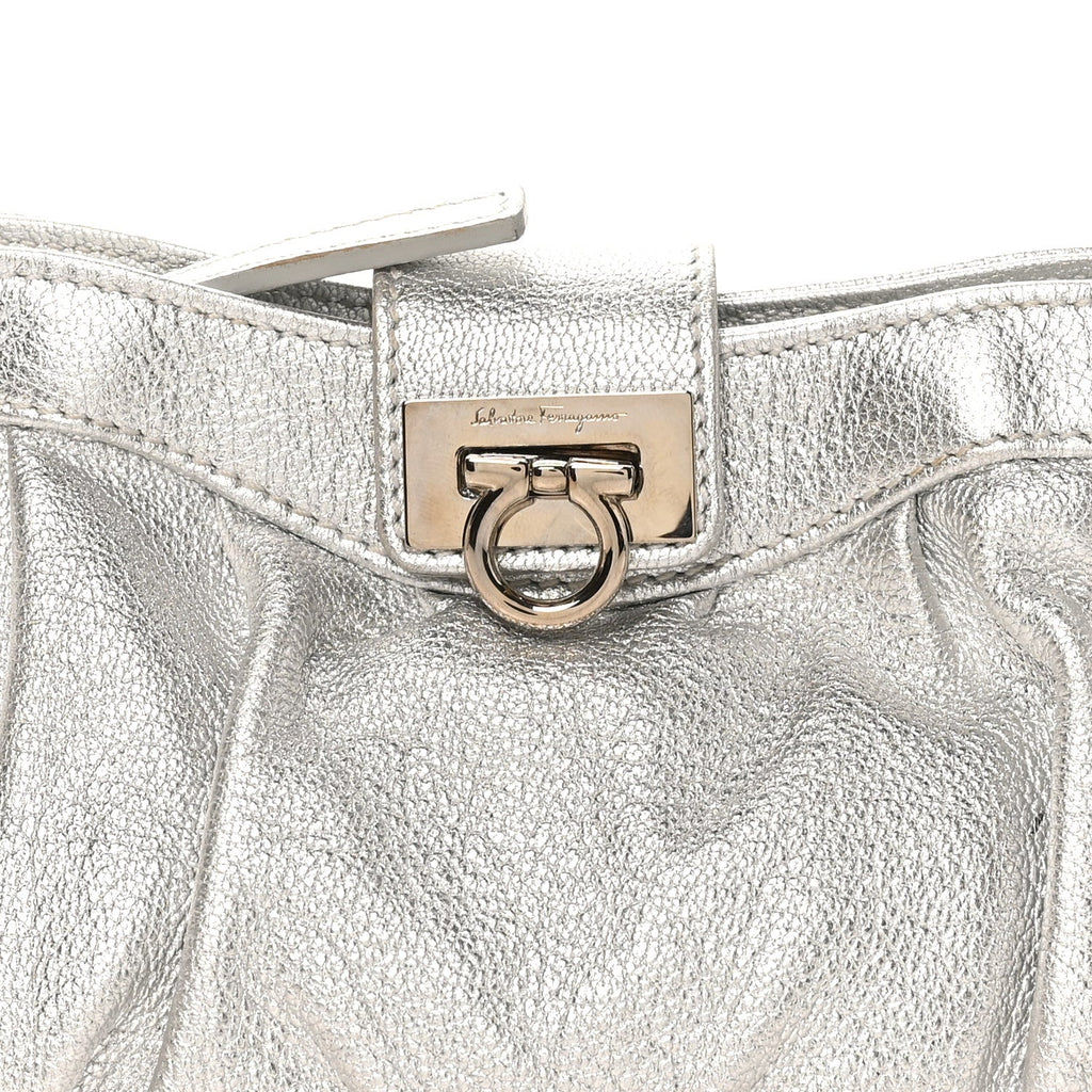 Metallic Calfskin Small Gancini Clutch Silver