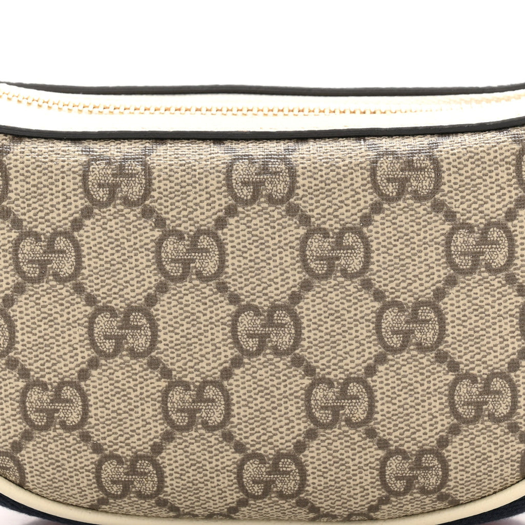 GG Supreme Monogram Textured Dollar Calfskin Web Mini Ophidia Half Moon Hobo Beige Ebony Mystic White