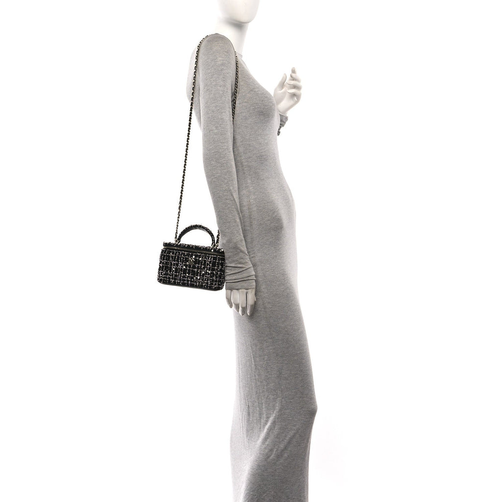 Tweed Sequin Small Top Handle Vanity Case With Chain Black White