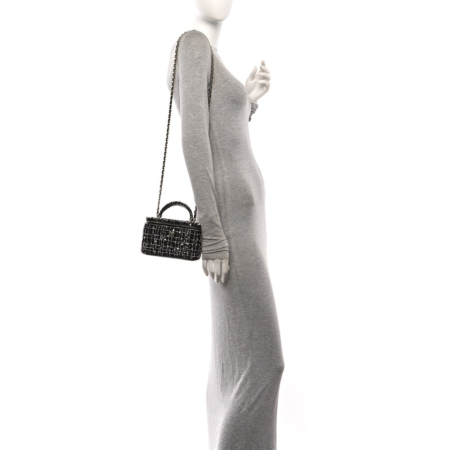 Tweed Sequin Small Top Handle Vanity Case With Chain Black White