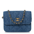Denim Quilted CC Pearl Crush Clutch With Chain Blue