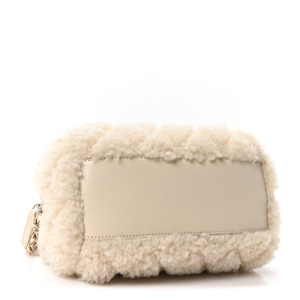 Shearling Quilted Barrel Clutch With Chain Beige