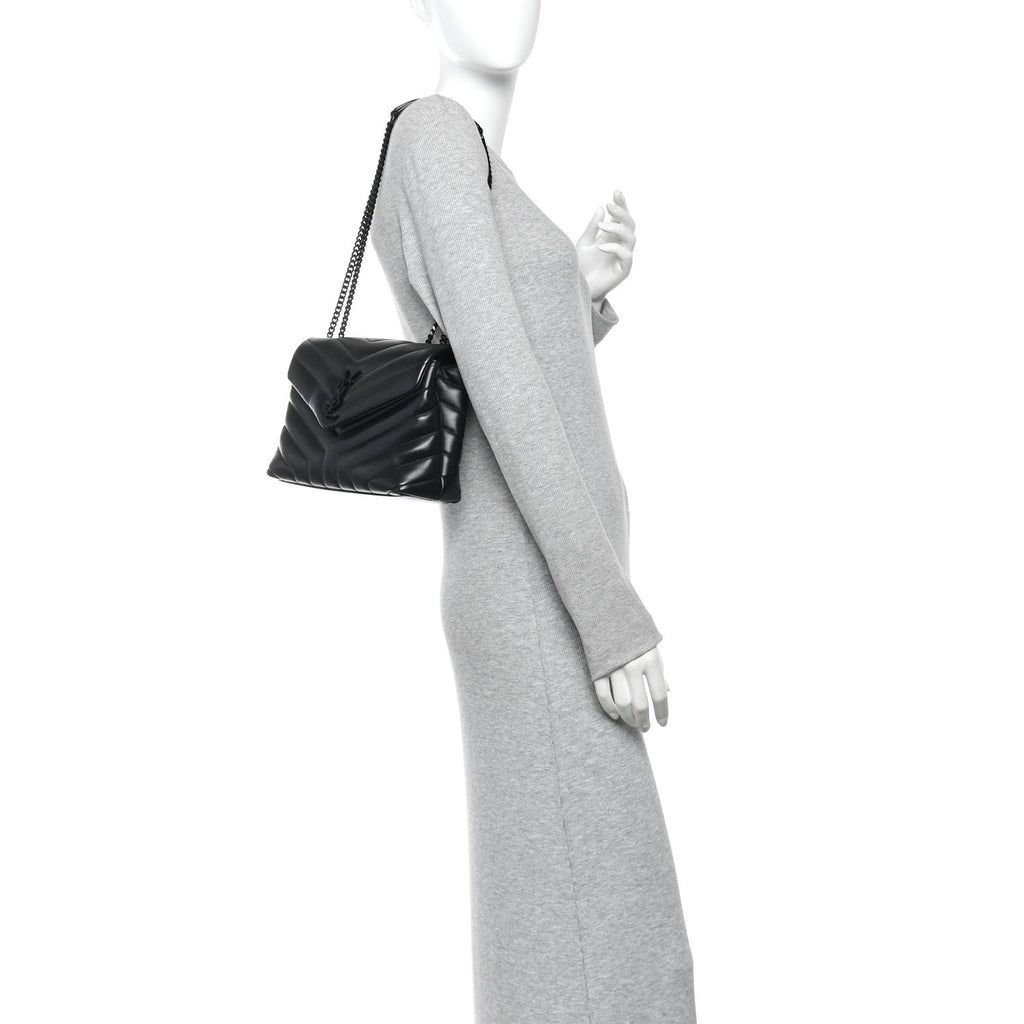 Calfskin Y Quilted Monogram Monochrome Small Loulou Chain Satchel Black
