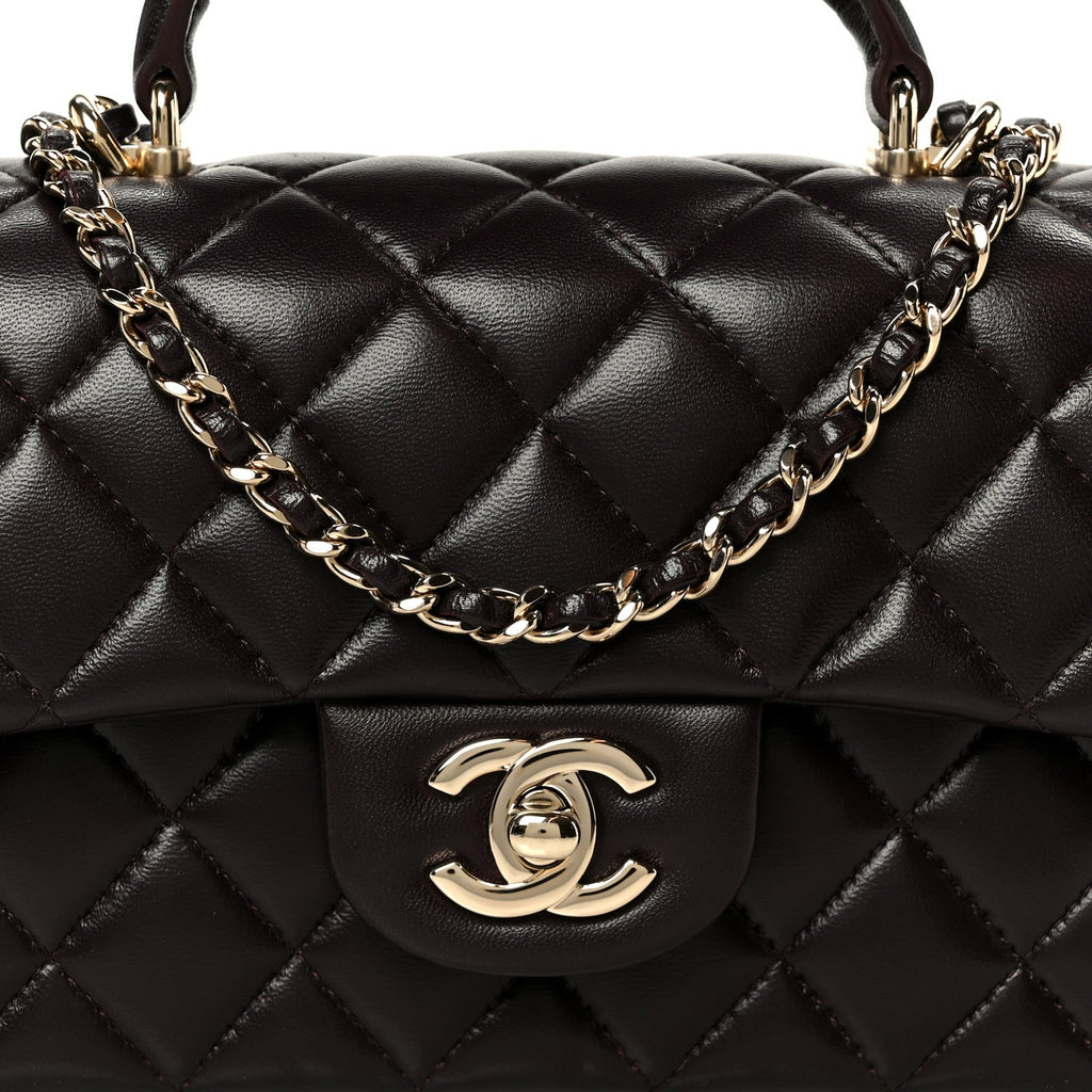 Lambskin Quilted Mini Top Handle Rectangular Flap Dark Brown
