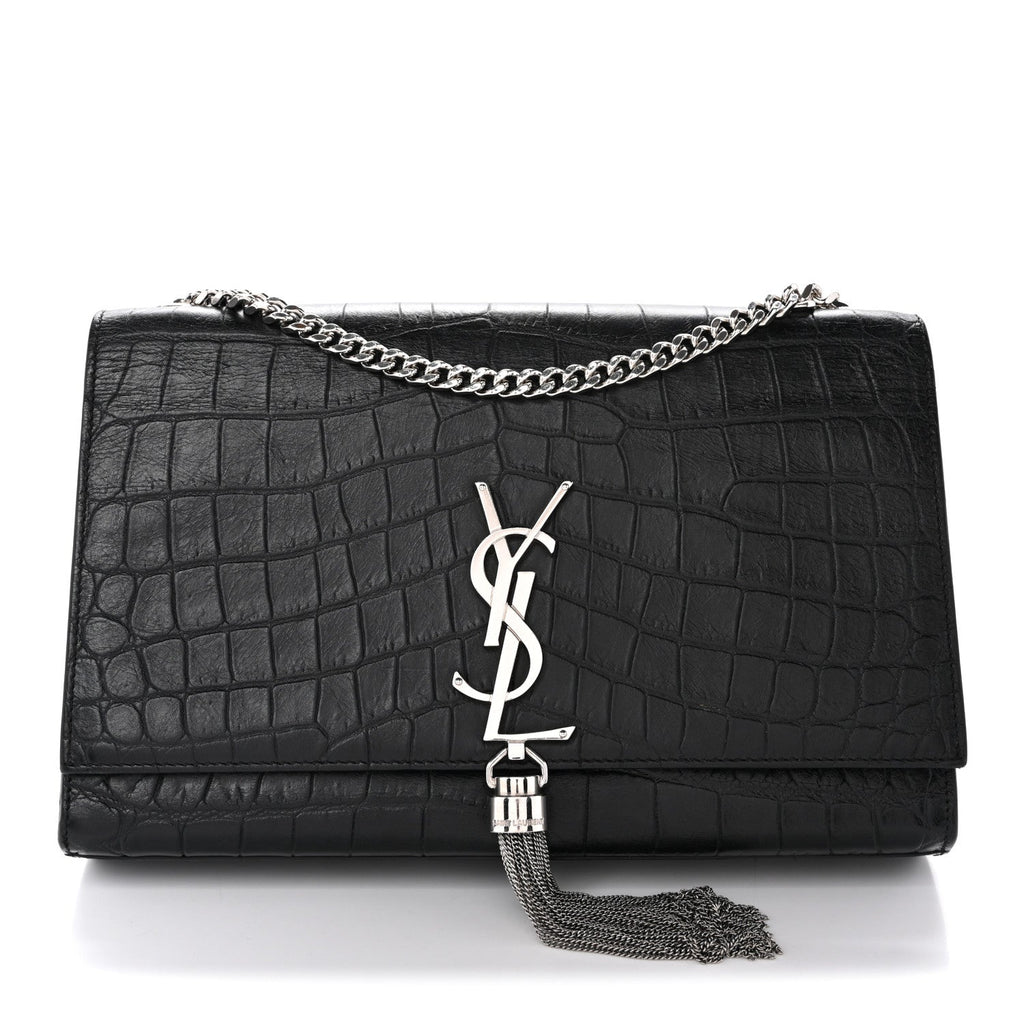Calfskin Crocodile Embossed Medium Classic Monogram Kate Tassel Satchel Black
