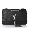 Calfskin Crocodile Embossed Medium Classic Monogram Kate Tassel Satchel Black
