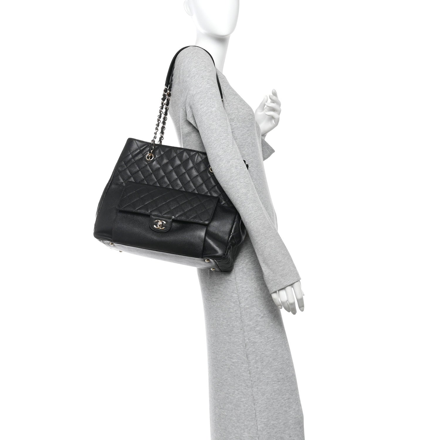 Caviar Quilted Large Flap Shopping Tote Black