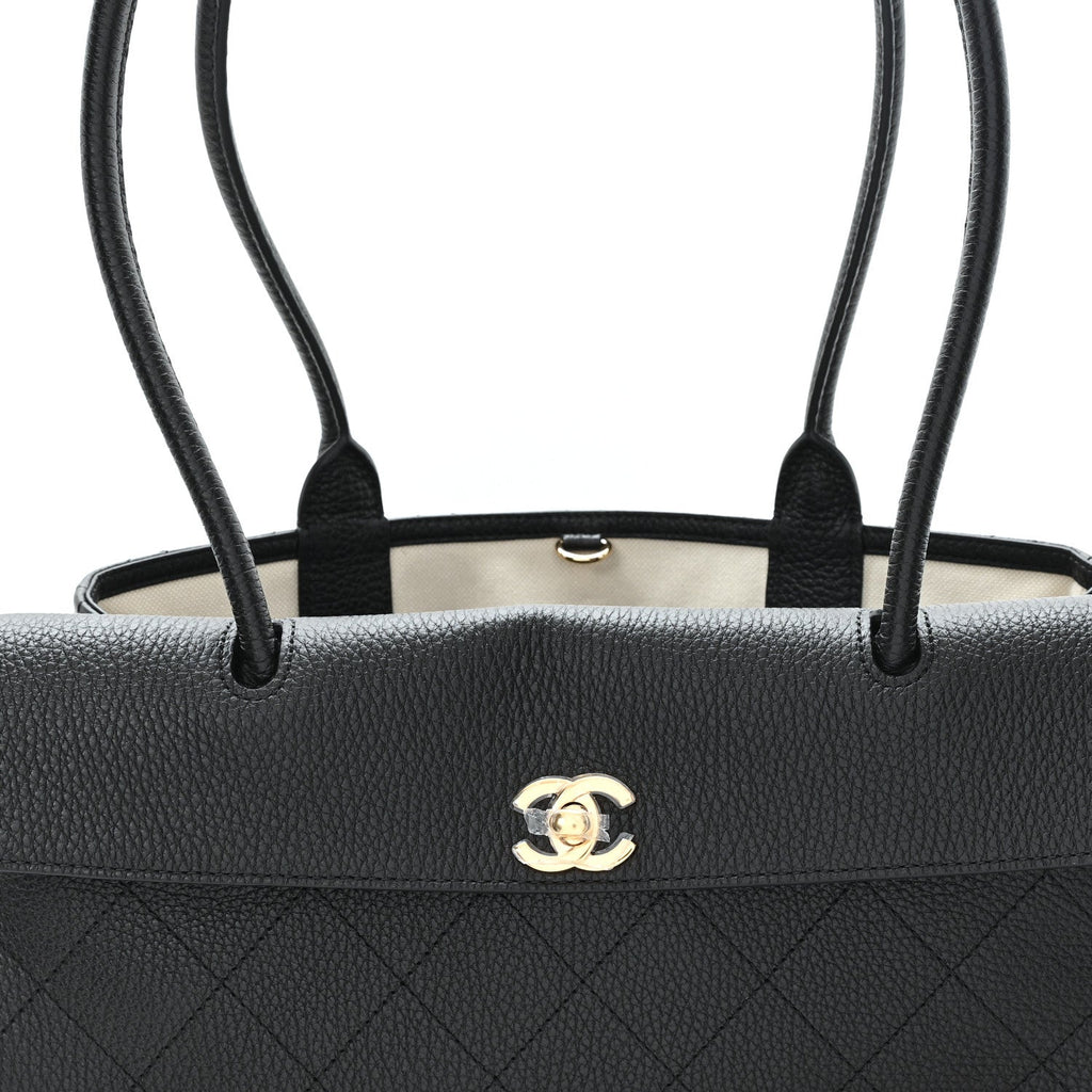 Grained Calfskin Stitched Urban Essentials Small Shopping Bag Black