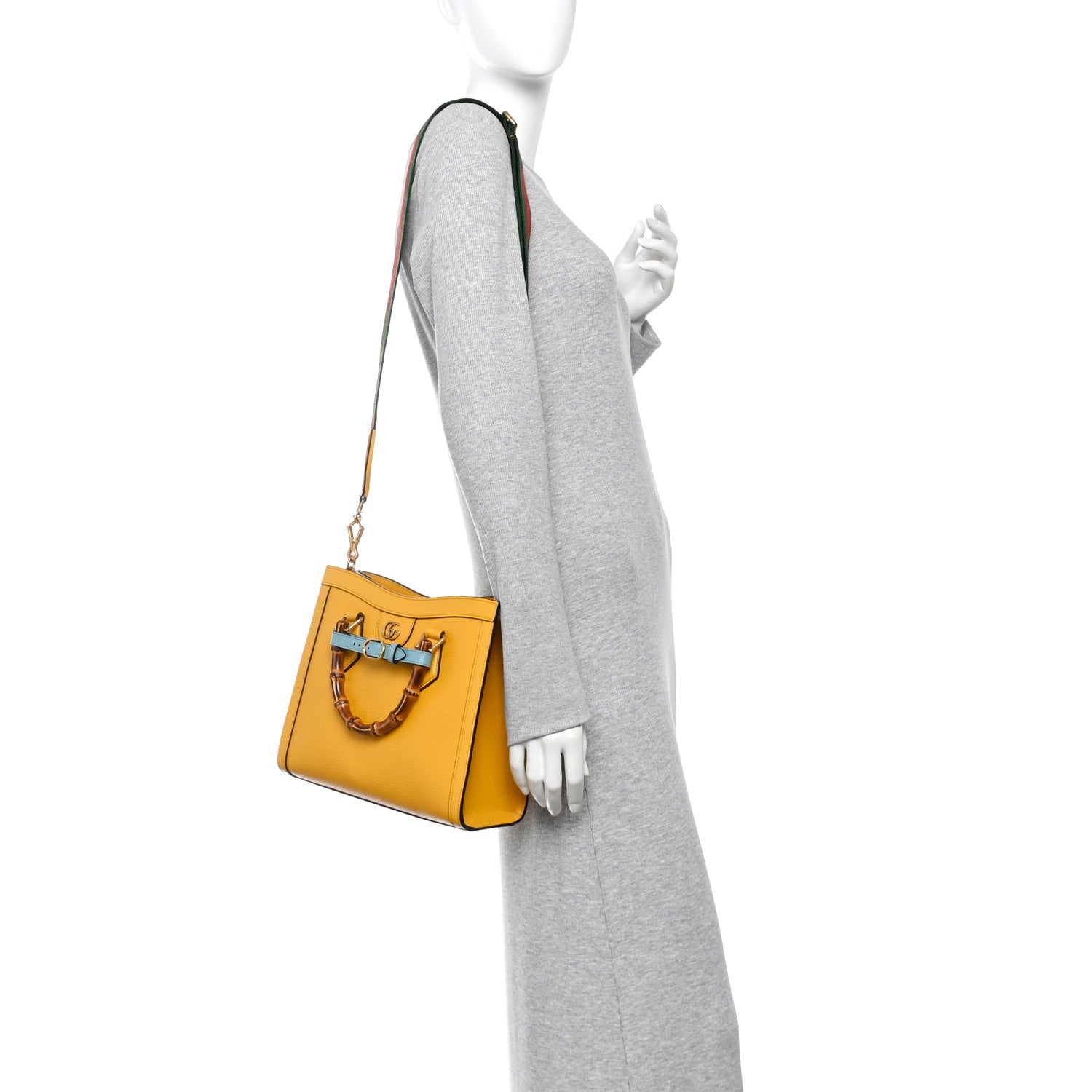 Textured Dollar Calfskin Web Small Diana Tote Bag Yellow Dusty Azure
