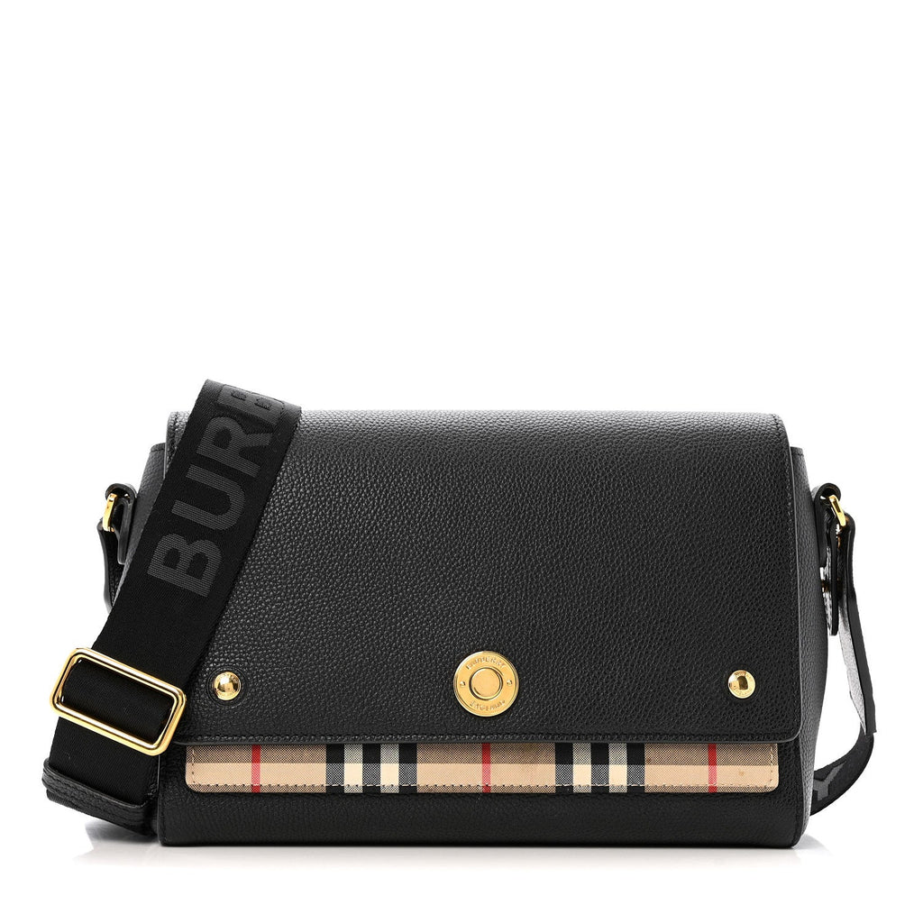 Coated Canvas Calfskin Vintage Check Medium Note Crossbody Bag Black