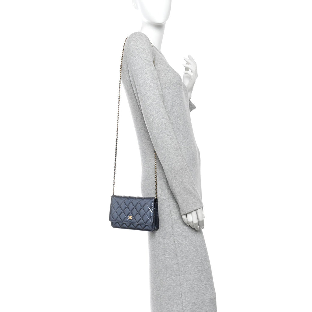 Metallic Calfskin Quilted Wallet On Chain WOC Navy Blue