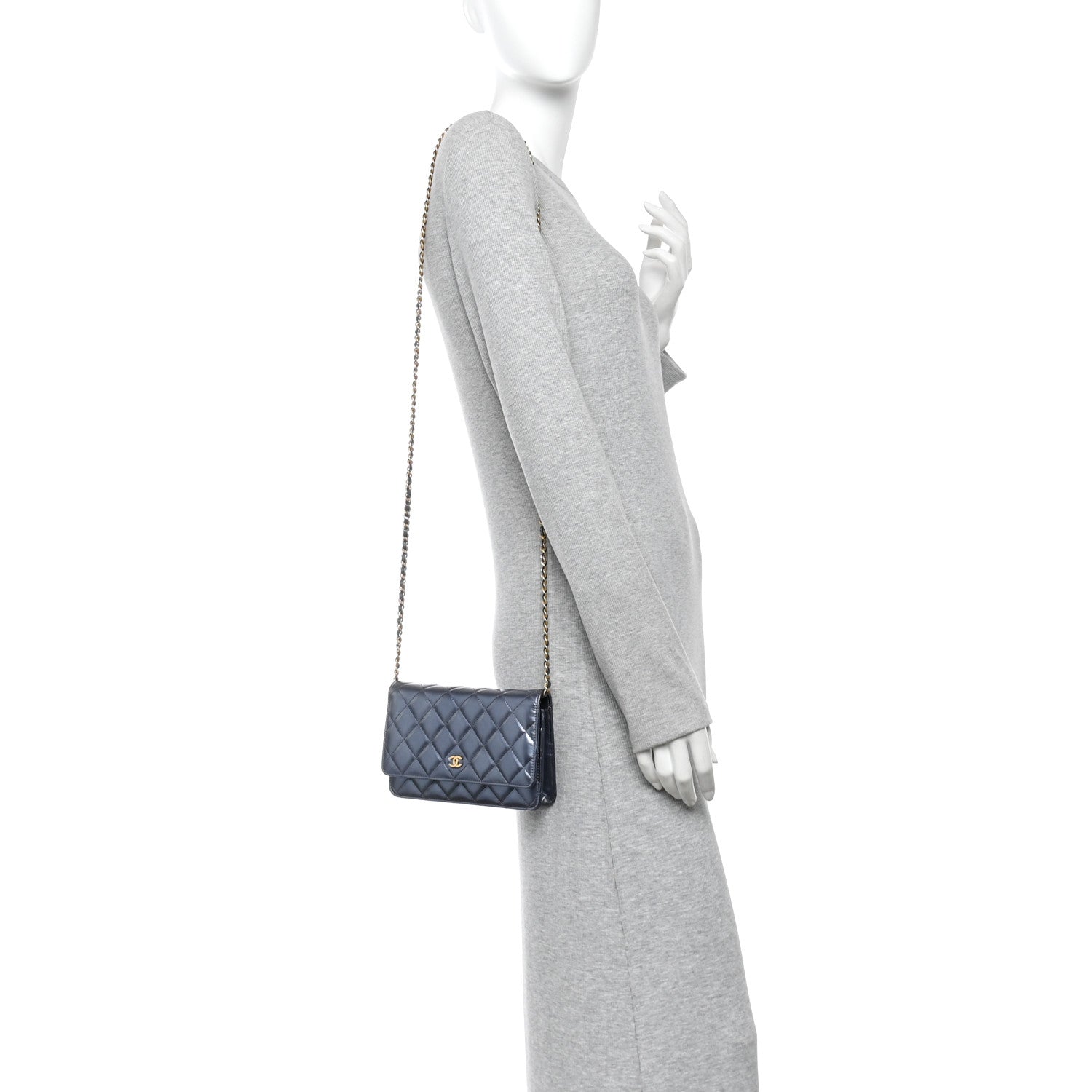 Metallic Calfskin Quilted Wallet On Chain WOC Navy Blue