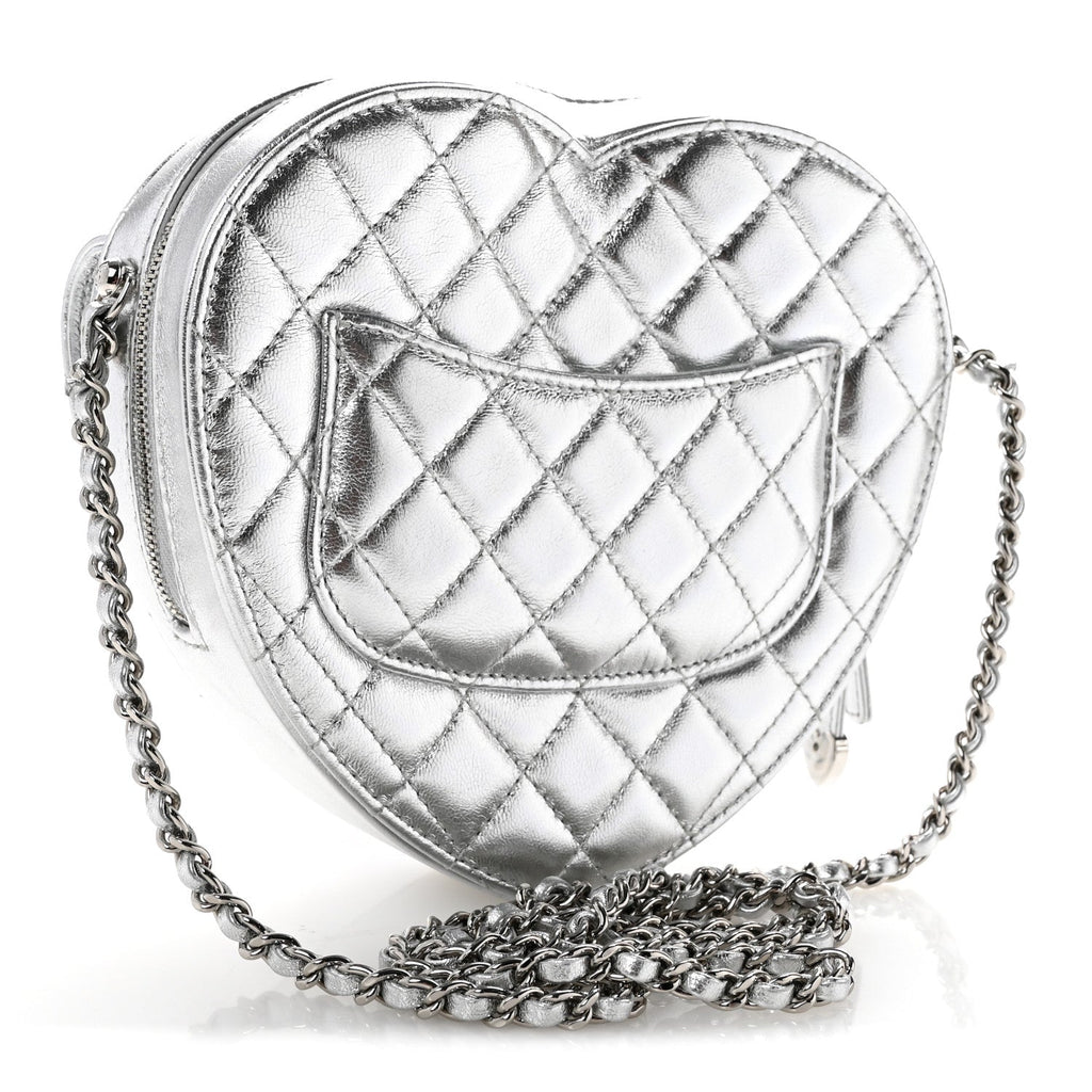 Metallic Lambskin Quilted Large CC In Love Heart Bag Silver