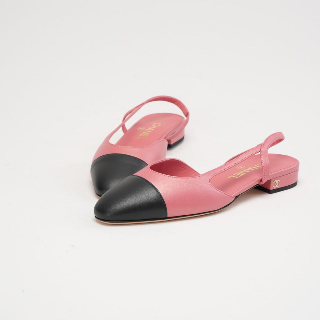 Chanel Pink / Black CC Logo Slingback Flats Size 38.5