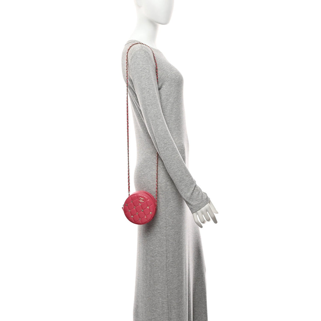 Lambskin Quilted Studded Round Clutch With Chain Dark Pink