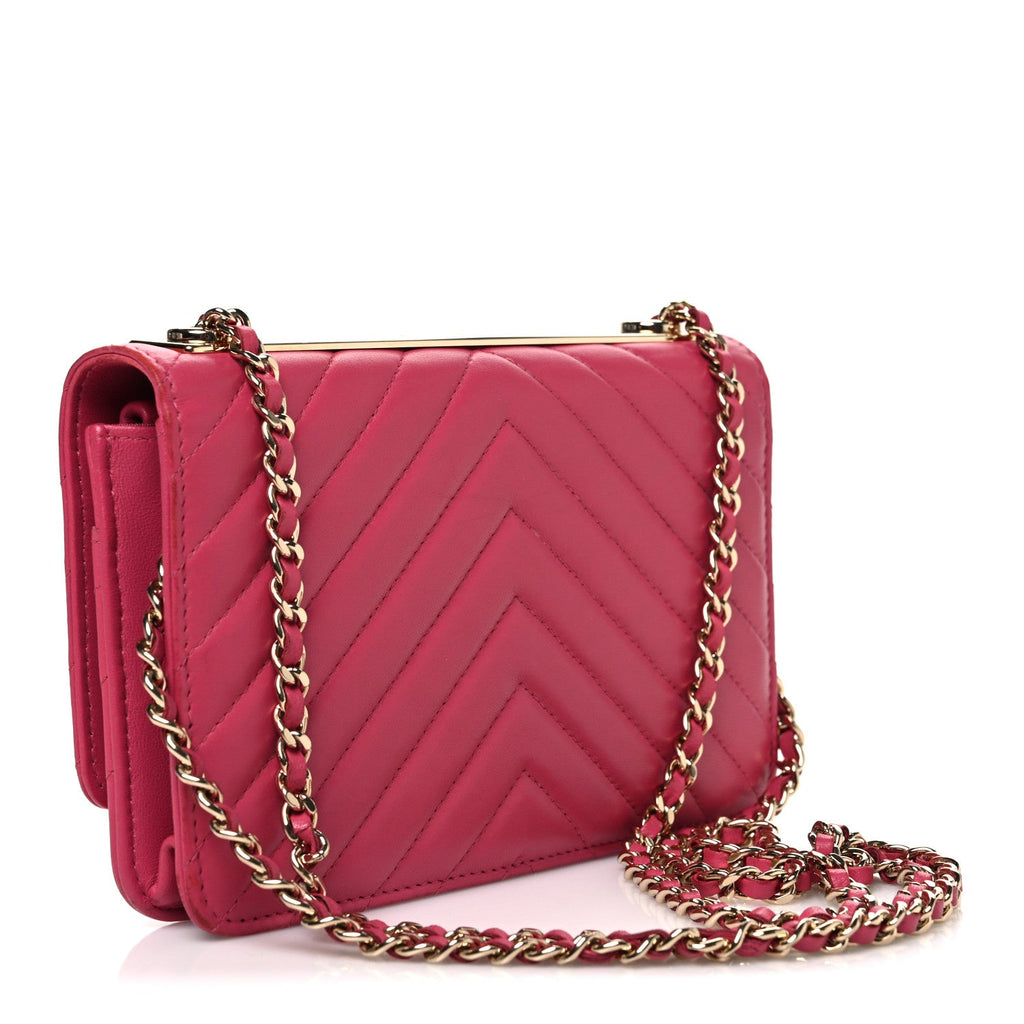 Lambskin Chevron Quilted Trendy CC Wallet On Chain WOC Dark Pink