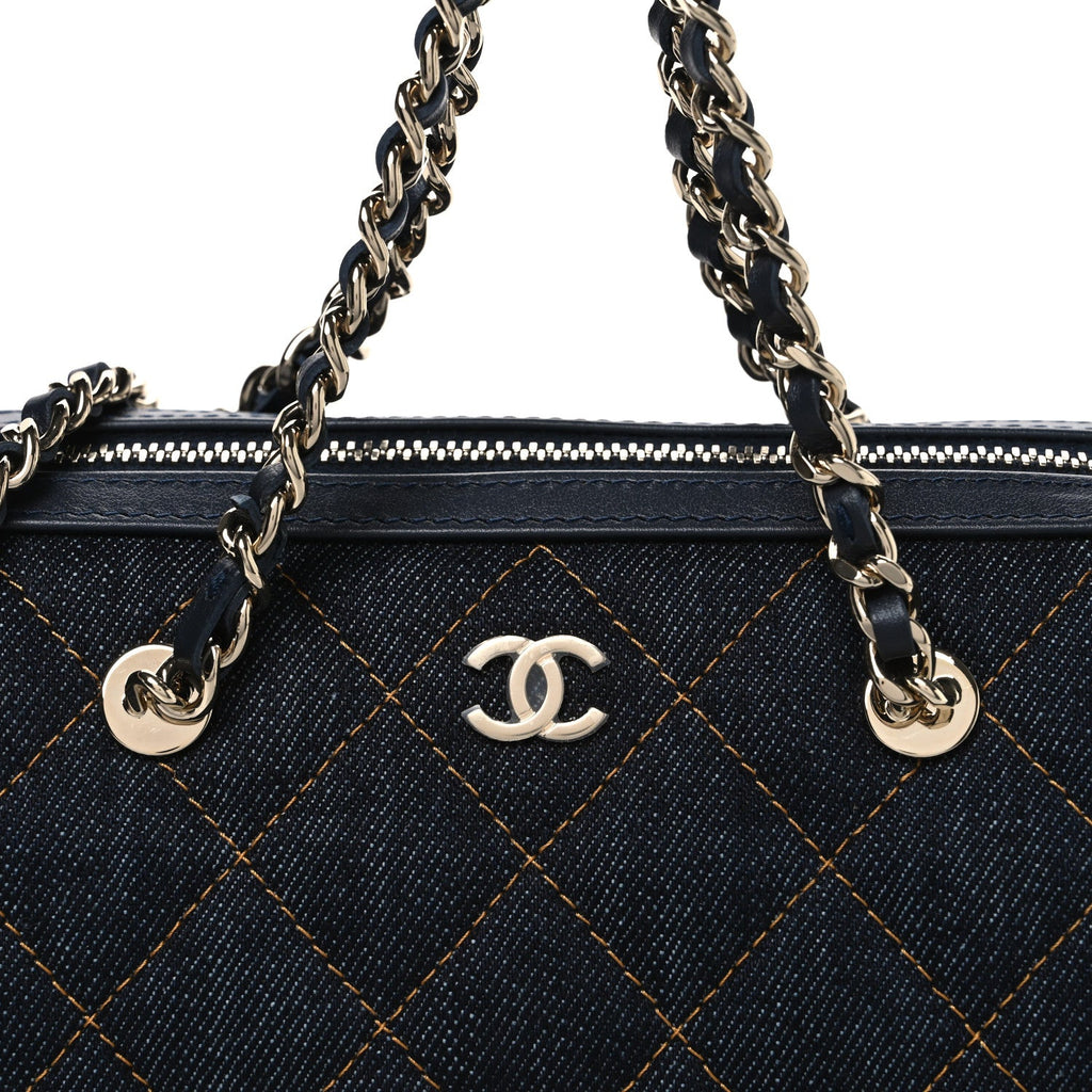 Denim Quilted Barrel Clutch With Chain Dark Blue Orange