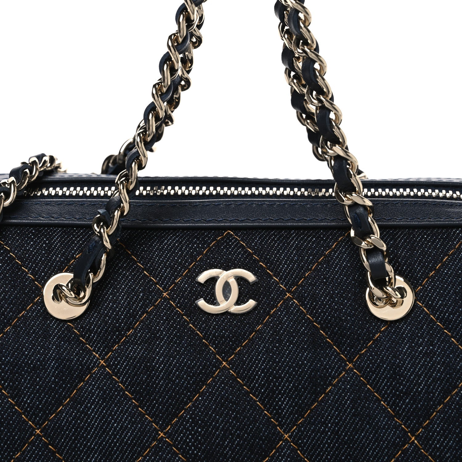 Denim Quilted Barrel Clutch With Chain Dark Blue Orange