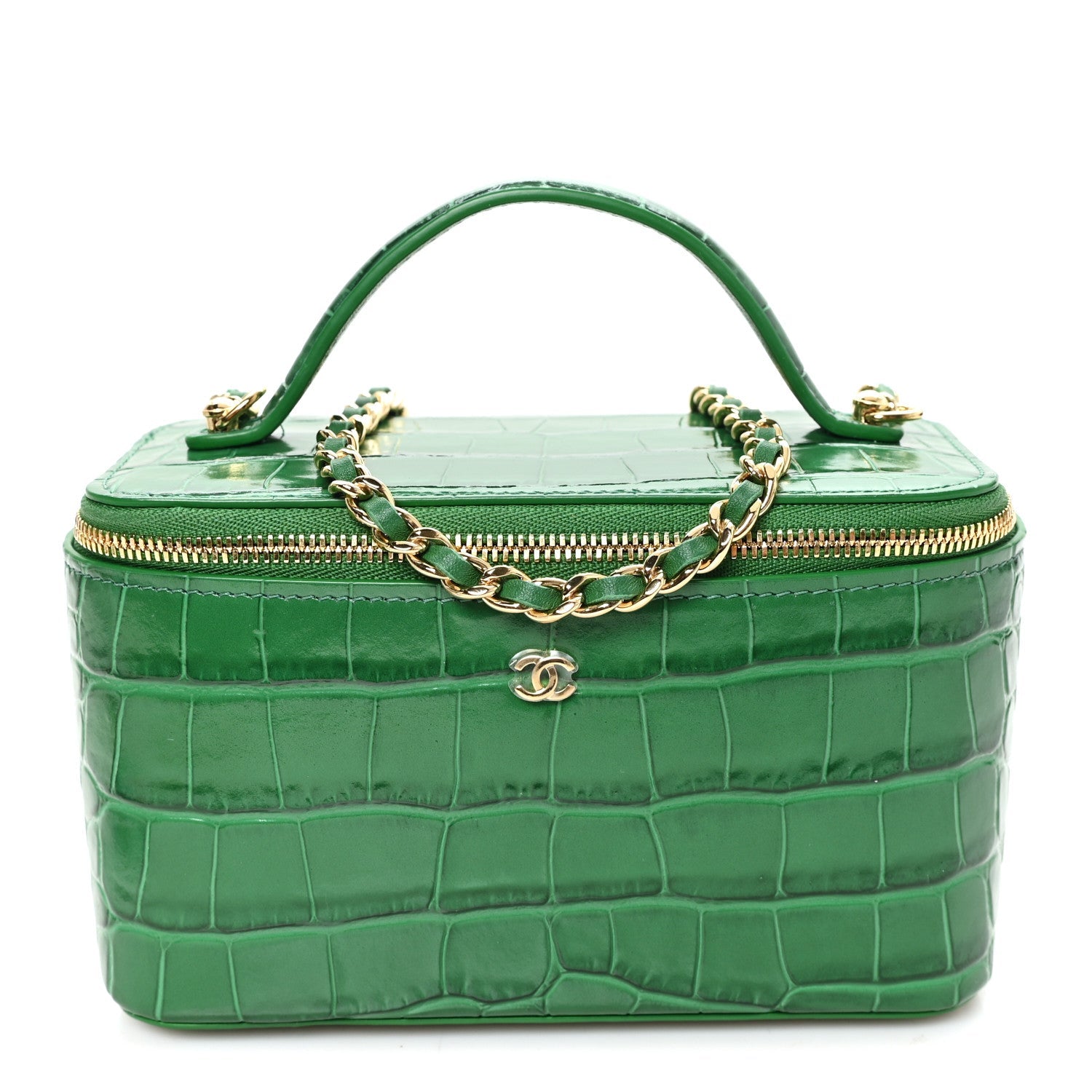 Calfskin Crocodile Embossed Exoticoco Small Top Handle Vanity Case With Chain Black Emerald