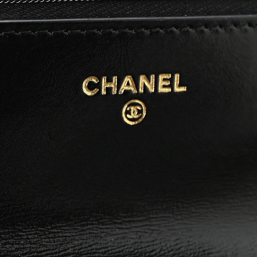 Shiny Crumpled Calfskin Quilted Precious Tie Wallet On Chain WOC Black