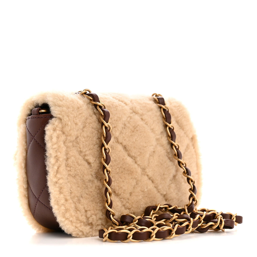Shearling Lambskin Quilted Mini Furry Coco Flap Beige Dark Brown
