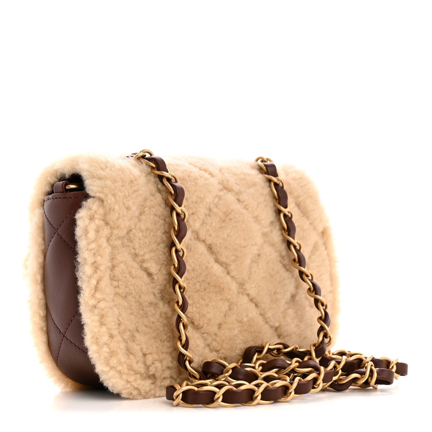 Shearling Lambskin Quilted Mini Furry Coco Flap Beige Dark Brown