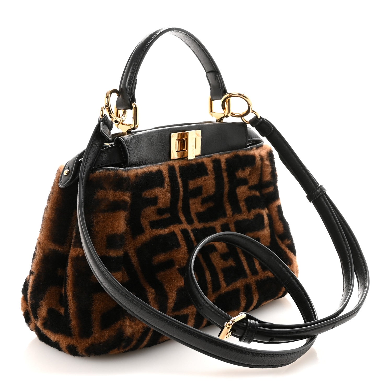 Shearling Nappa Macro FF 1974 Mini Peekaboo Iconic Satchel Tobacco Black