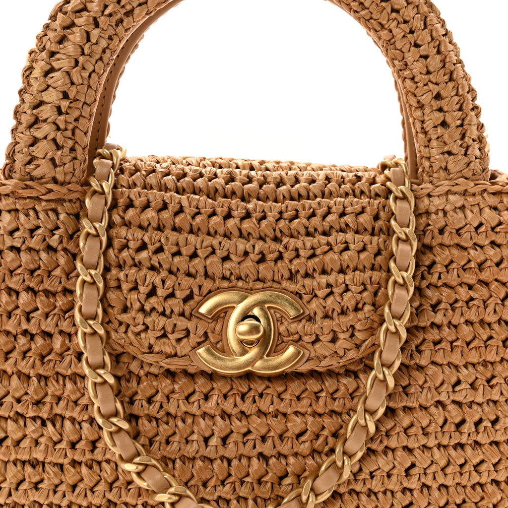 Braided Raffia Nano Kelly Flap Bag Dark Beige