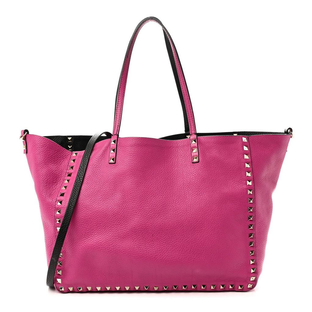 Grained Calfskin Medium Rockstud Reversible Tote Black Rose Violet