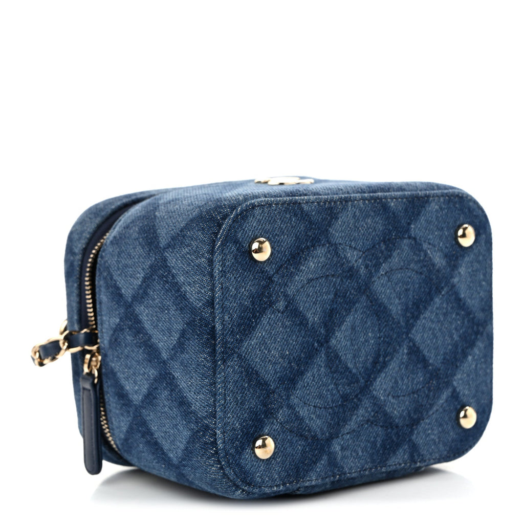 Printed Denim Quilted Mini Top Handle Vanity Case With Chain Dark Blue