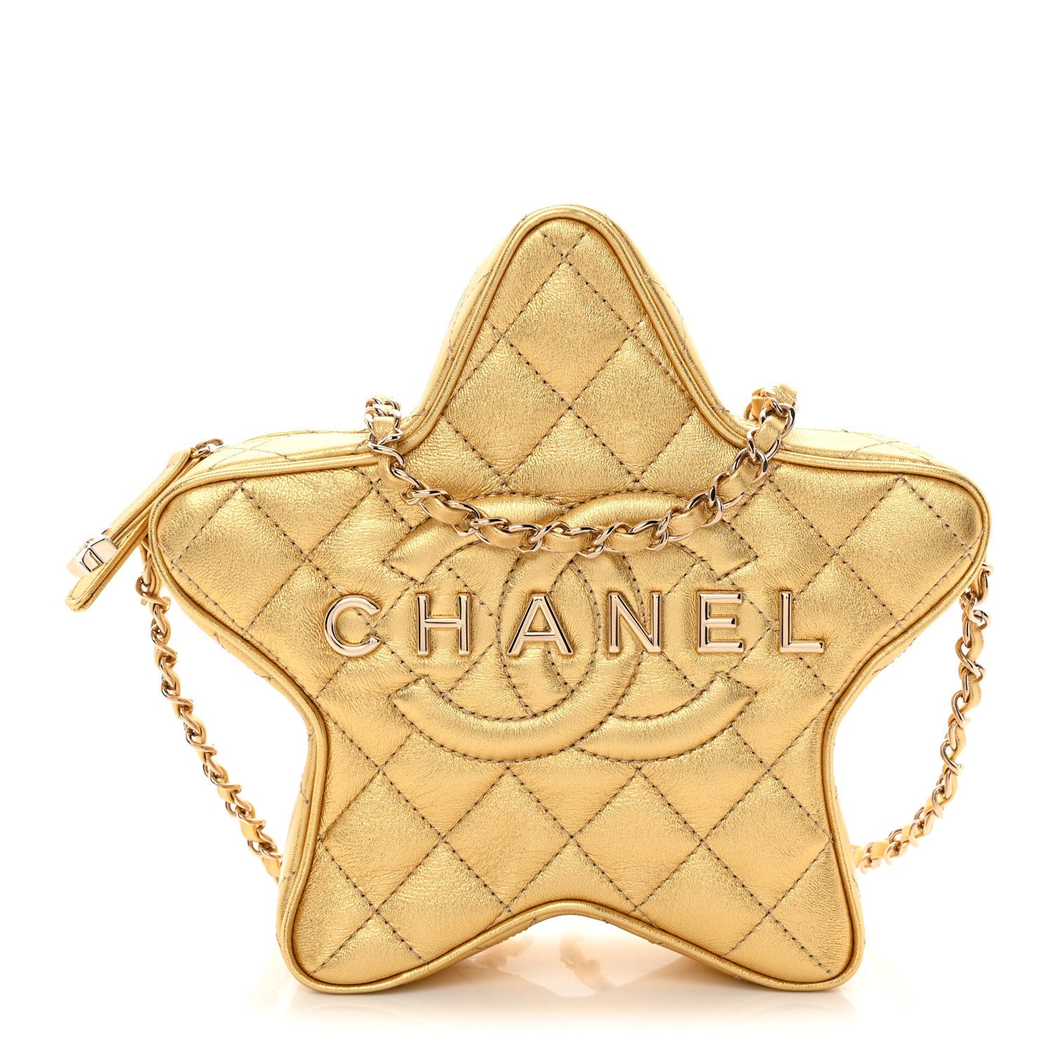 Metallic Lambskin Quilted Walk Of Fame Star Bag Gold