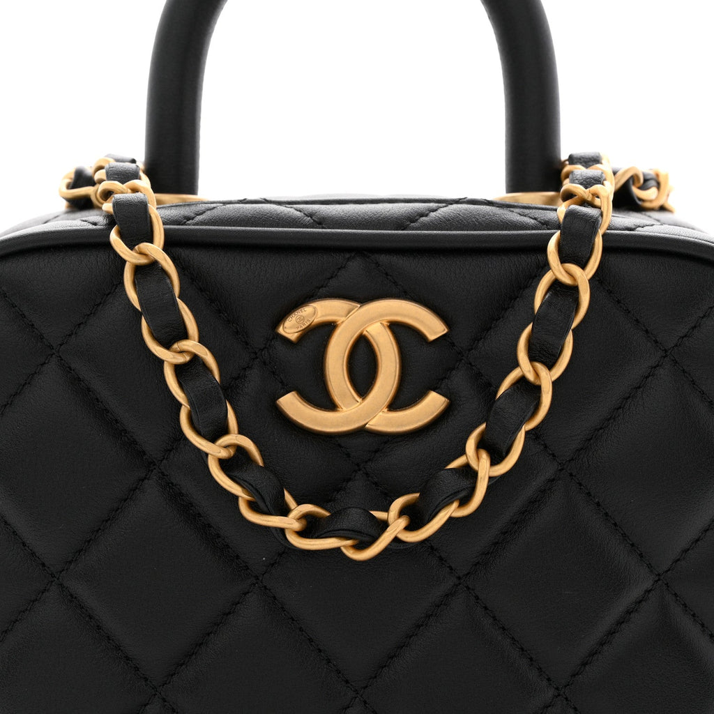 Lambskin Quilted Top Handle Mini Bowling Bag Black