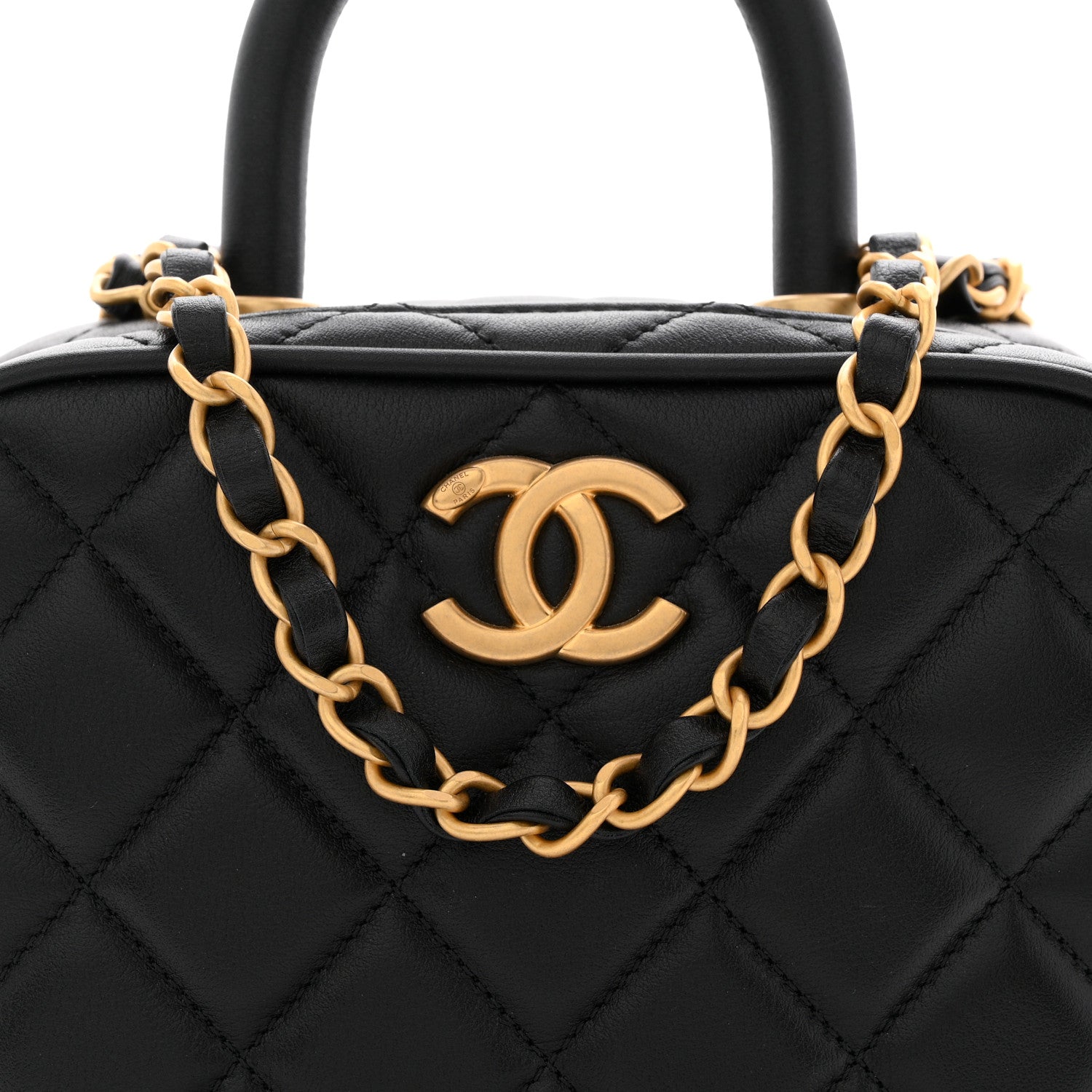 Lambskin Quilted Top Handle Mini Bowling Bag Black
