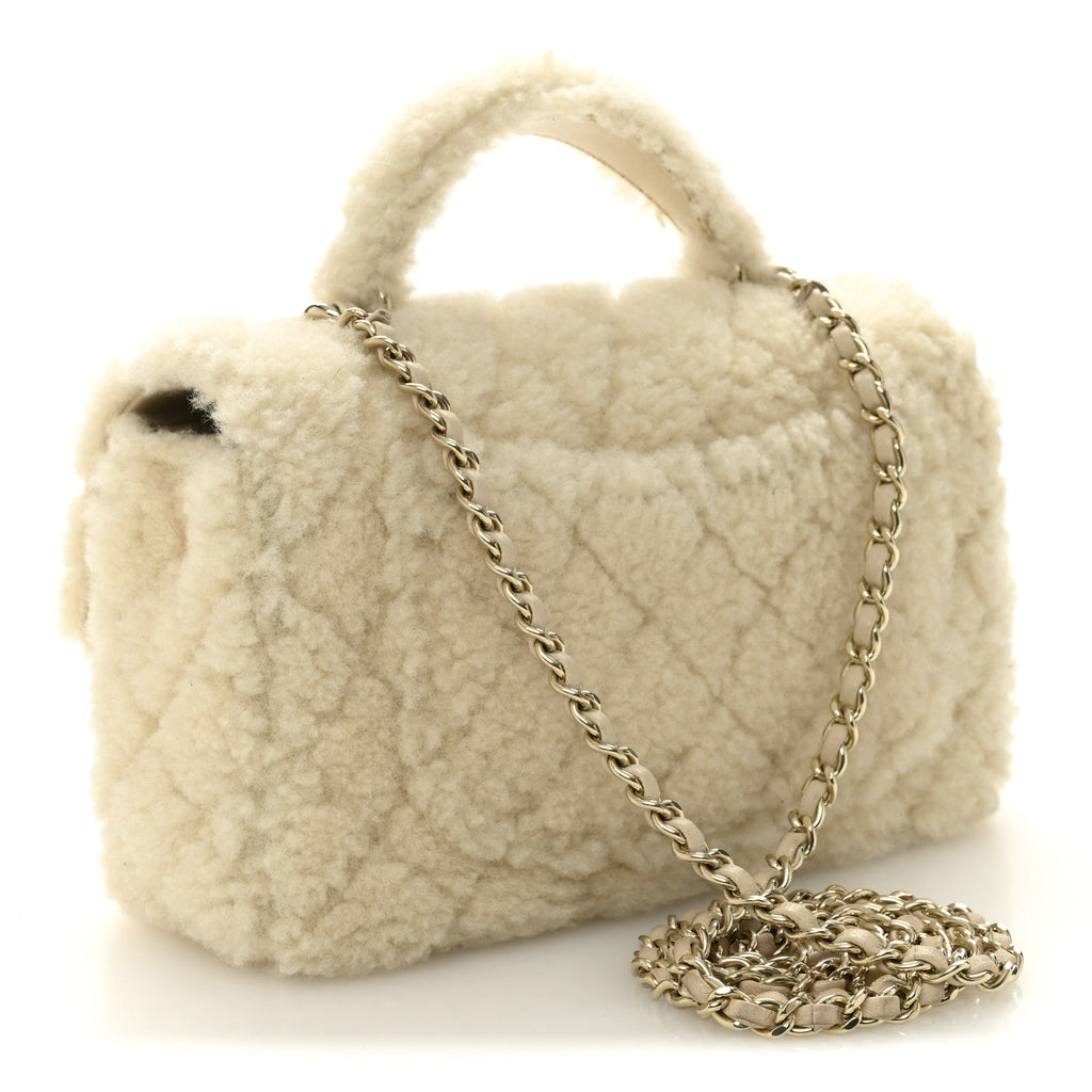 Shearling Quilted Mini Top Handle Rectangular Flap Ecru